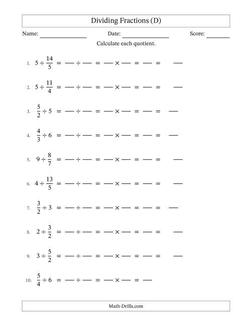 The Dividing Improper Fractions and Whole Numbers with Some Simplification (Fillable) (D) Math Worksheet