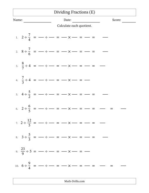 The Dividing Improper Fractions and Whole Numbers with Some Simplification (Fillable) (E) Math Worksheet