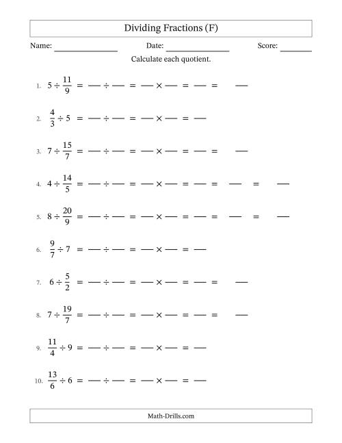 The Dividing Improper Fractions and Whole Numbers with Some Simplification (Fillable) (F) Math Worksheet