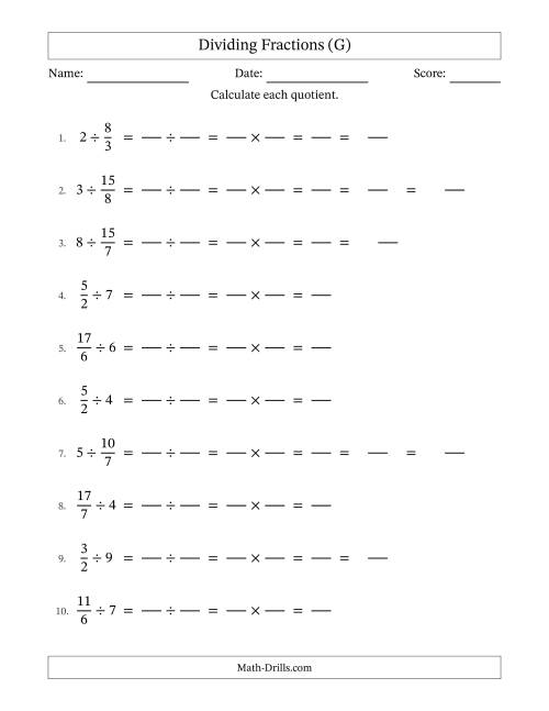 The Dividing Improper Fractions and Whole Numbers with Some Simplification (Fillable) (G) Math Worksheet