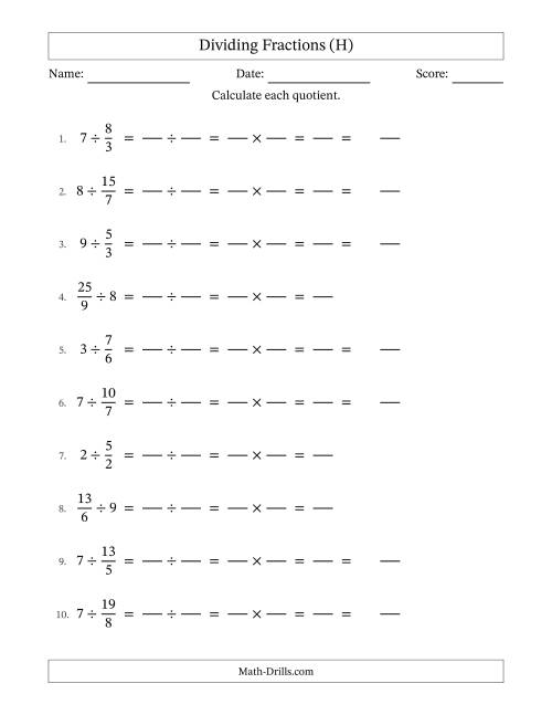 The Dividing Improper Fractions and Whole Numbers with Some Simplification (Fillable) (H) Math Worksheet
