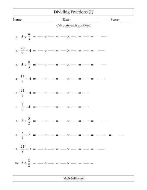 The Dividing Improper Fractions and Whole Numbers with Some Simplification (Fillable) (I) Math Worksheet