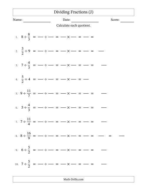 The Dividing Improper Fractions and Whole Numbers with Some Simplification (Fillable) (J) Math Worksheet