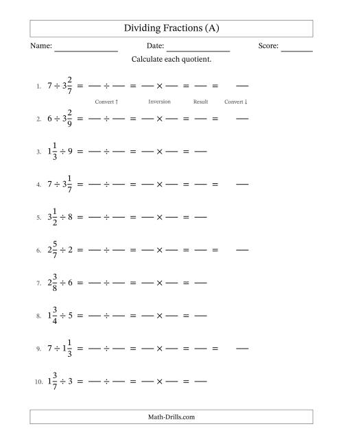 The Dividing Mixed Fractions and Whole Numbers with No Simplification (Fillable) (A) Math Worksheet