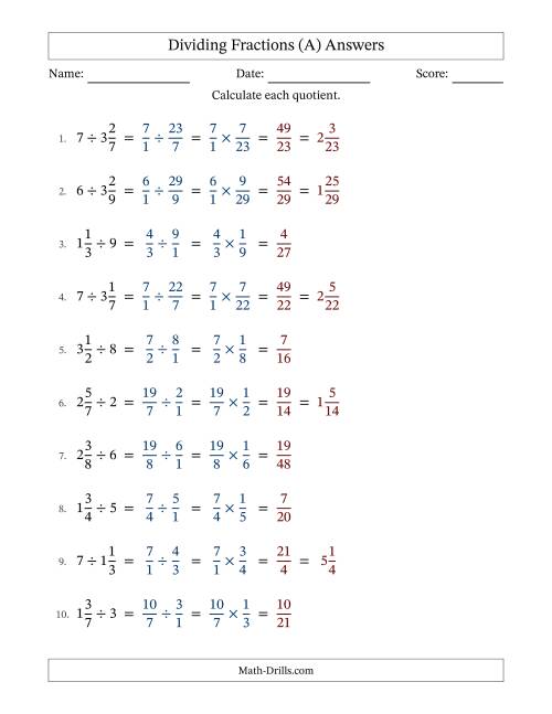 The Dividing Mixed Fractions and Whole Numbers with No Simplification (Fillable) (A) Math Worksheet Page 2