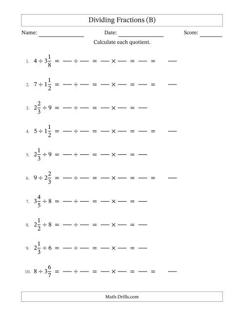 The Dividing Mixed Fractions and Whole Numbers with No Simplification (Fillable) (B) Math Worksheet