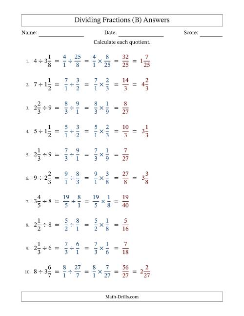 The Dividing Mixed Fractions and Whole Numbers with No Simplification (Fillable) (B) Math Worksheet Page 2