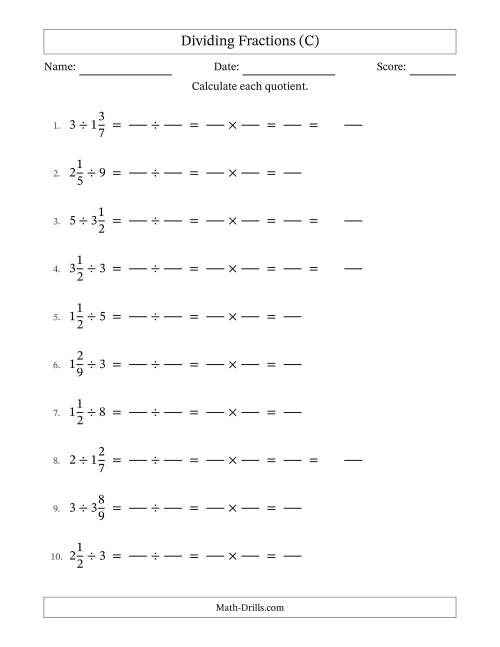 The Dividing Mixed Fractions and Whole Numbers with No Simplification (Fillable) (C) Math Worksheet