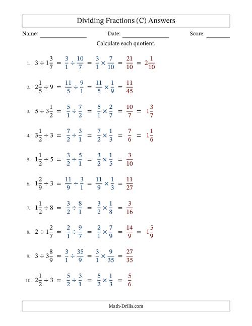 The Dividing Mixed Fractions and Whole Numbers with No Simplification (Fillable) (C) Math Worksheet Page 2