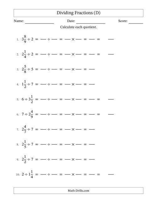 The Dividing Mixed Fractions and Whole Numbers with No Simplification (Fillable) (D) Math Worksheet