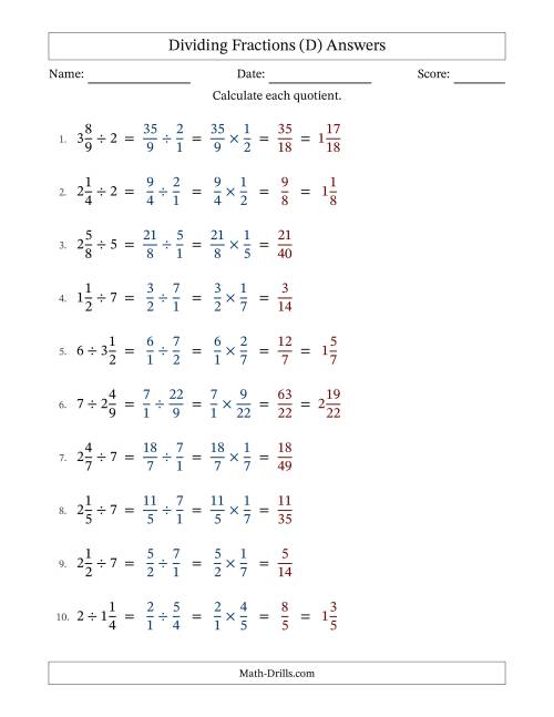 The Dividing Mixed Fractions and Whole Numbers with No Simplification (Fillable) (D) Math Worksheet Page 2