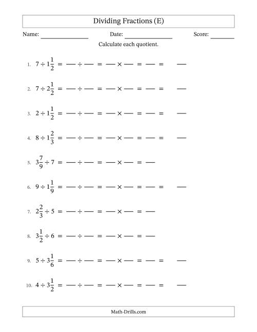 The Dividing Mixed Fractions and Whole Numbers with No Simplification (Fillable) (E) Math Worksheet