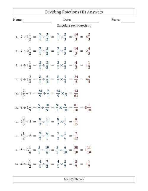 The Dividing Mixed Fractions and Whole Numbers with No Simplification (Fillable) (E) Math Worksheet Page 2