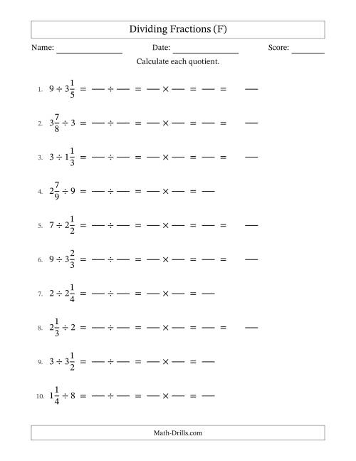 The Dividing Mixed Fractions and Whole Numbers with No Simplification (Fillable) (F) Math Worksheet