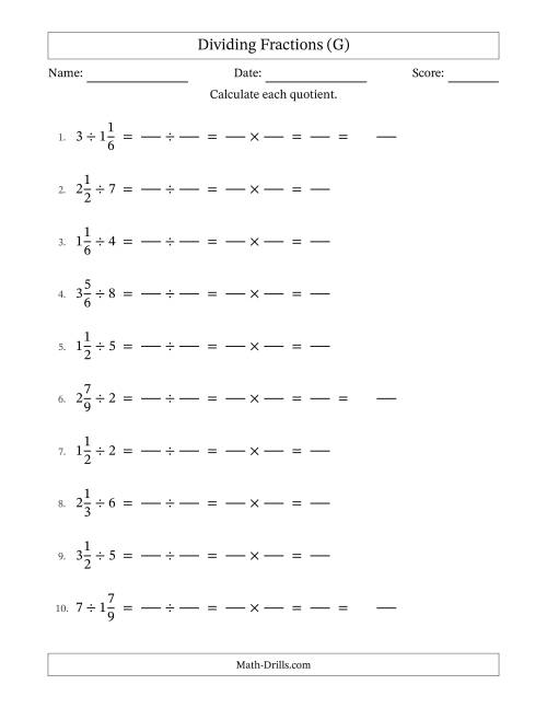 The Dividing Mixed Fractions and Whole Numbers with No Simplification (Fillable) (G) Math Worksheet