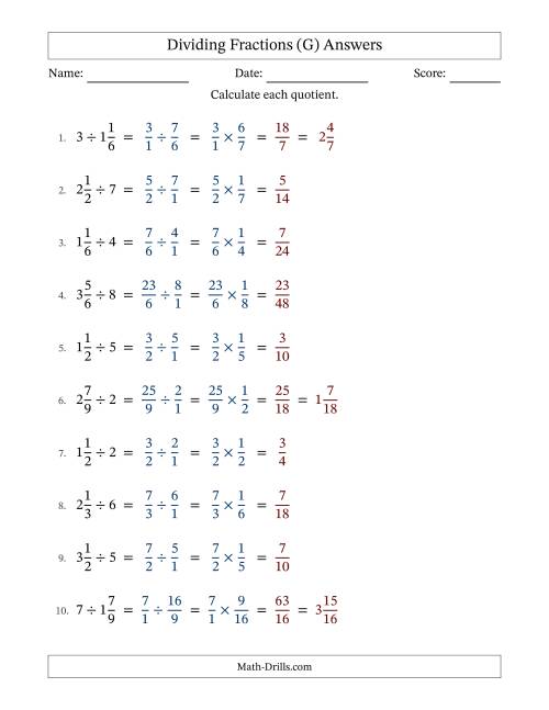 The Dividing Mixed Fractions and Whole Numbers with No Simplification (Fillable) (G) Math Worksheet Page 2
