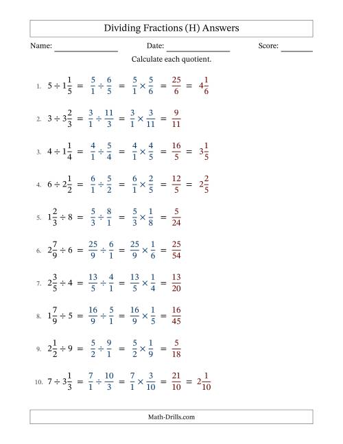 The Dividing Mixed Fractions and Whole Numbers with No Simplification (Fillable) (H) Math Worksheet Page 2