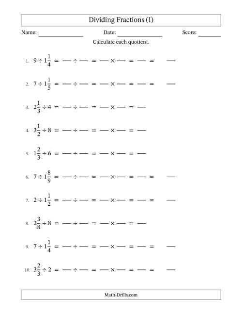 The Dividing Mixed Fractions and Whole Numbers with No Simplification (Fillable) (I) Math Worksheet