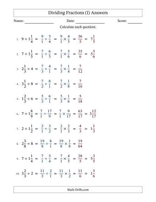 The Dividing Mixed Fractions and Whole Numbers with No Simplification (Fillable) (I) Math Worksheet Page 2