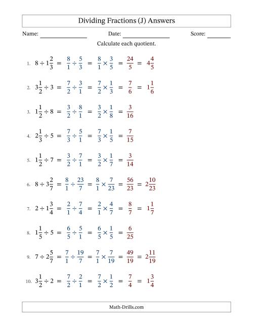 The Dividing Mixed Fractions and Whole Numbers with No Simplification (Fillable) (J) Math Worksheet Page 2