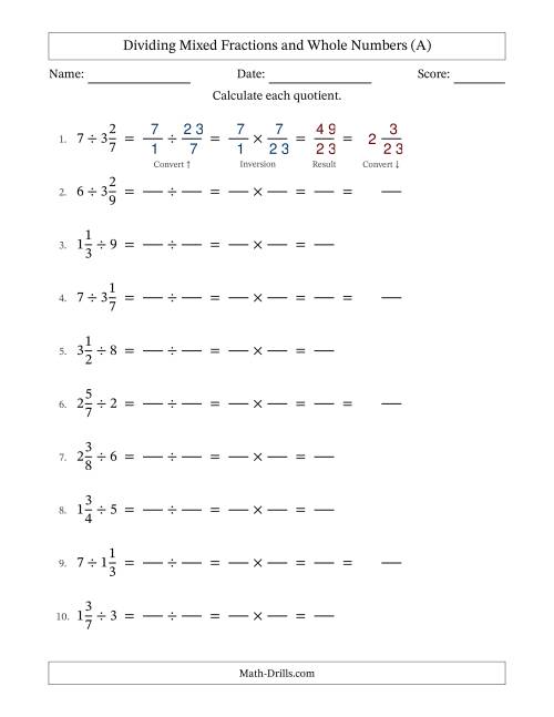 The Dividing Mixed Fractions and Whole Numbers with No Simplifying (Fillable) (All) Math Worksheet