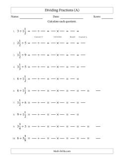 Dividing Mixed Fractions and Whole Numbers with All Simplification (Fillable)