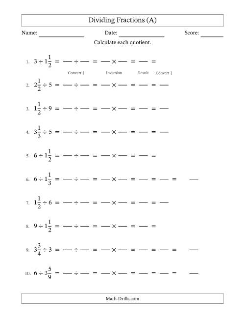 The Dividing Mixed Fractions and Whole Numbers with All Simplifying (Fillable) (A) Math Worksheet