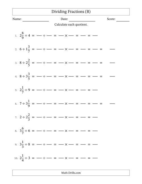 The Dividing Mixed Fractions and Whole Numbers with All Simplification (Fillable) (B) Math Worksheet