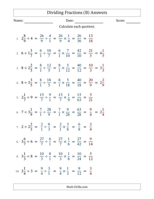 The Dividing Mixed Fractions and Whole Numbers with All Simplification (Fillable) (B) Math Worksheet Page 2