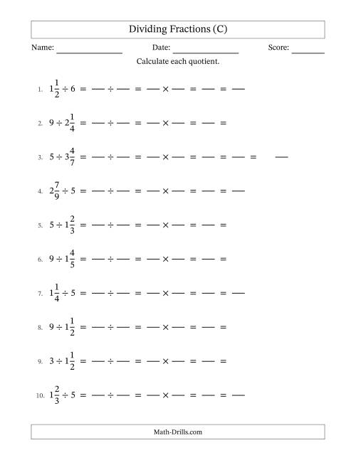 The Dividing Mixed Fractions and Whole Numbers with All Simplification (Fillable) (C) Math Worksheet