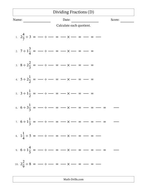 The Dividing Mixed Fractions and Whole Numbers with All Simplification (Fillable) (D) Math Worksheet