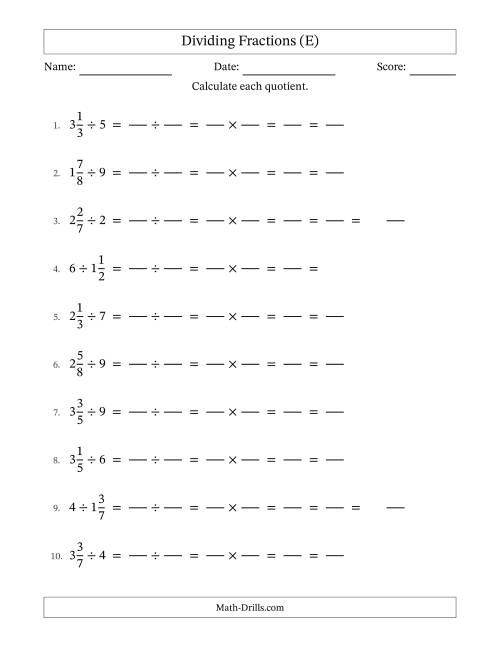 The Dividing Mixed Fractions and Whole Numbers with All Simplification (Fillable) (E) Math Worksheet