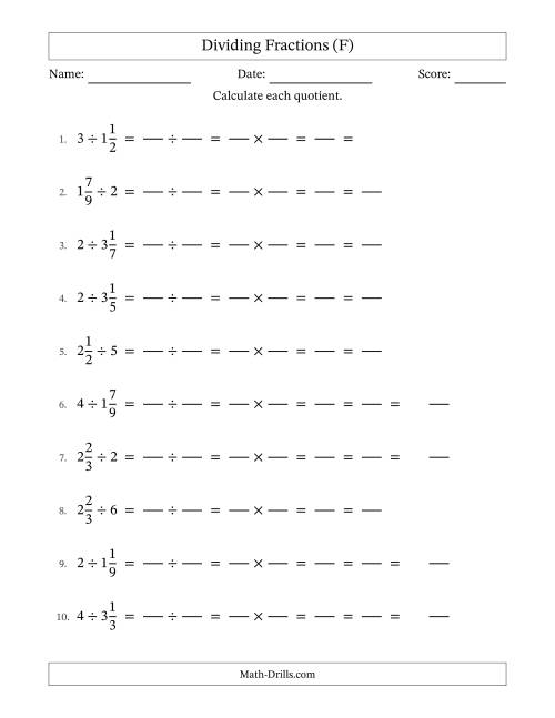 The Dividing Mixed Fractions and Whole Numbers with All Simplification (Fillable) (F) Math Worksheet