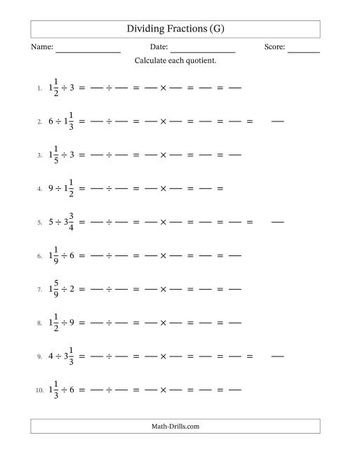 The Dividing Mixed Fractions and Whole Numbers with All Simplification (Fillable) (G) Math Worksheet