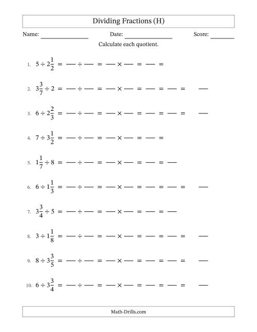 The Dividing Mixed Fractions and Whole Numbers with All Simplification (Fillable) (H) Math Worksheet
