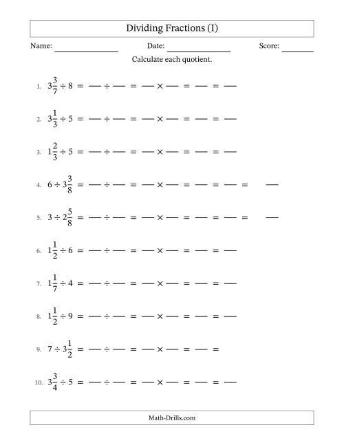 The Dividing Mixed Fractions and Whole Numbers with All Simplification (Fillable) (I) Math Worksheet