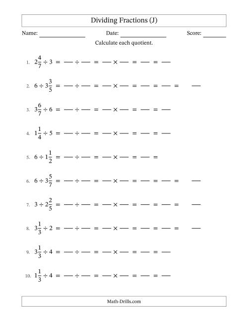 The Dividing Mixed Fractions and Whole Numbers with All Simplification (Fillable) (J) Math Worksheet