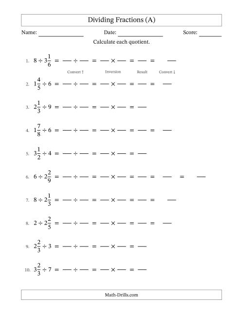 The Dividing Mixed Fractions and Whole Numbers with Some Simplifying (Fillable) (A) Math Worksheet