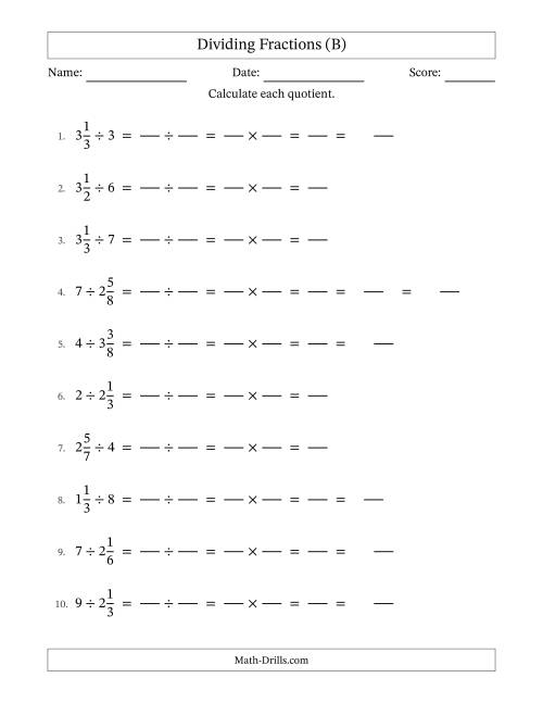 The Dividing Mixed Fractions and Whole Numbers with Some Simplification (Fillable) (B) Math Worksheet