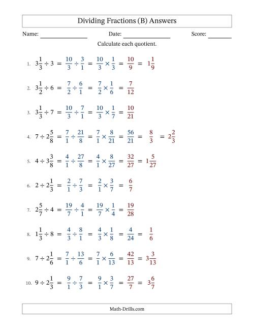 The Dividing Mixed Fractions and Whole Numbers with Some Simplification (Fillable) (B) Math Worksheet Page 2