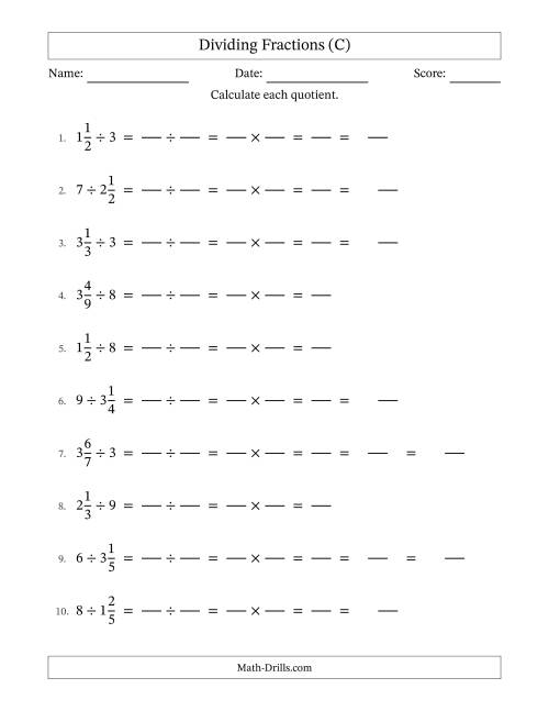 The Dividing Mixed Fractions and Whole Numbers with Some Simplification (Fillable) (C) Math Worksheet