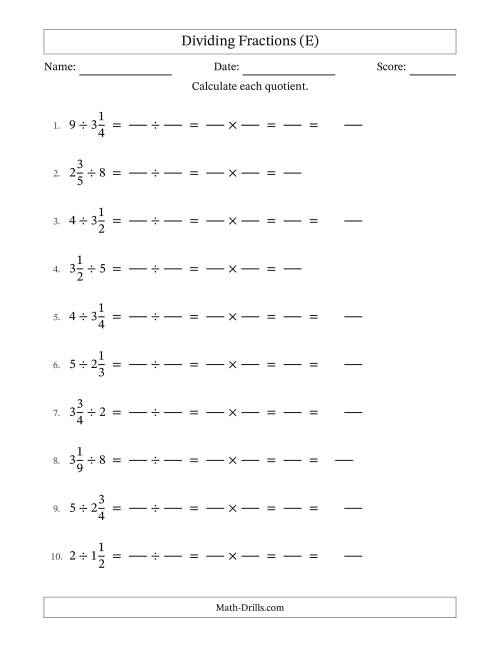 The Dividing Mixed Fractions and Whole Numbers with Some Simplification (Fillable) (E) Math Worksheet