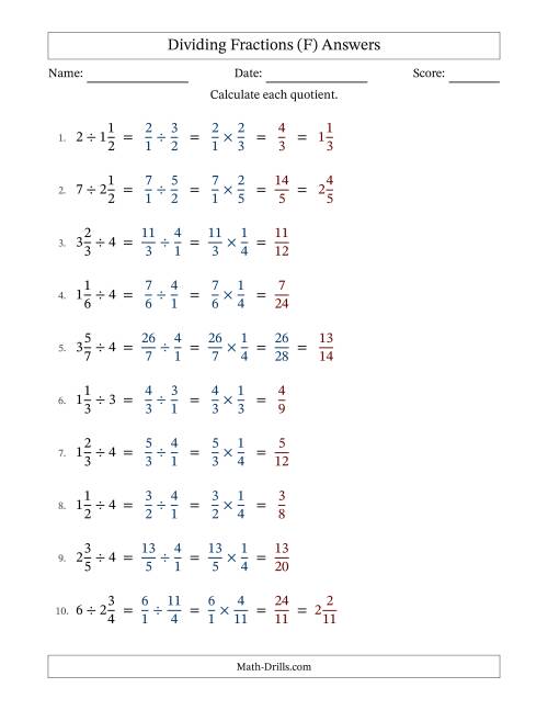 The Dividing Mixed Fractions and Whole Numbers with Some Simplification (Fillable) (F) Math Worksheet Page 2