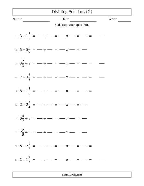 The Dividing Mixed Fractions and Whole Numbers with Some Simplification (Fillable) (G) Math Worksheet