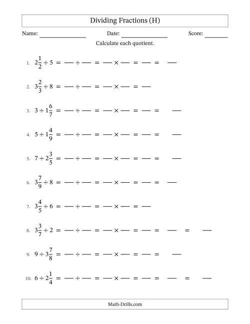 The Dividing Mixed Fractions and Whole Numbers with Some Simplification (Fillable) (H) Math Worksheet
