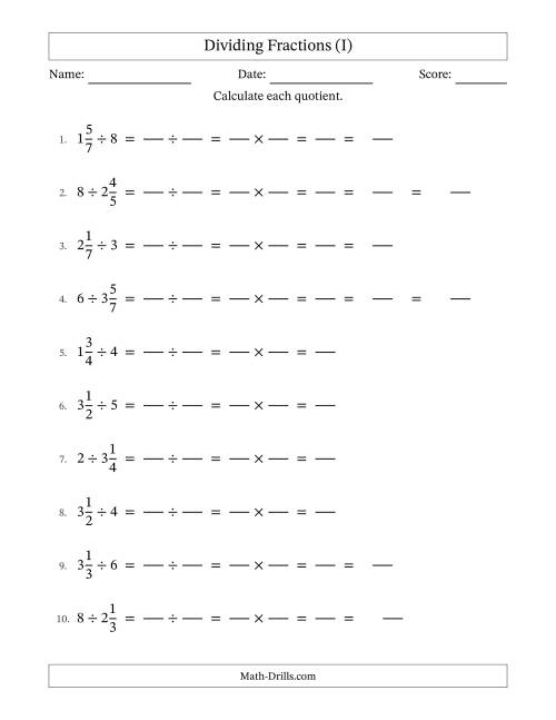 The Dividing Mixed Fractions and Whole Numbers with Some Simplification (Fillable) (I) Math Worksheet