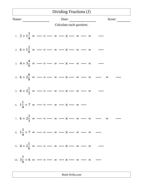 The Dividing Mixed Fractions and Whole Numbers with Some Simplification (Fillable) (J) Math Worksheet