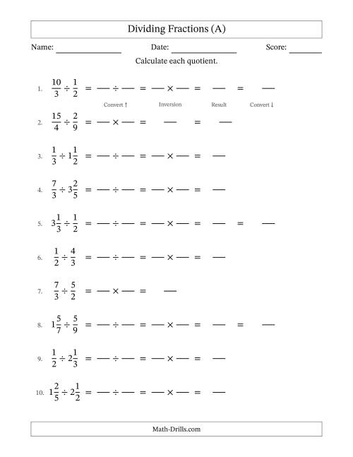 The Dividing Proper, Improper and Mixed Fractions with No Simplifying (Fillable) (A) Math Worksheet