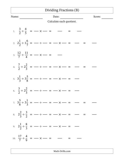 The Dividing Proper, Improper and Mixed Fractions with No Simplification (Fillable) (B) Math Worksheet