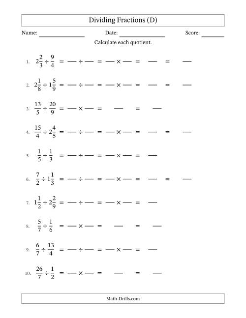 The Dividing Proper, Improper and Mixed Fractions with No Simplification (Fillable) (D) Math Worksheet